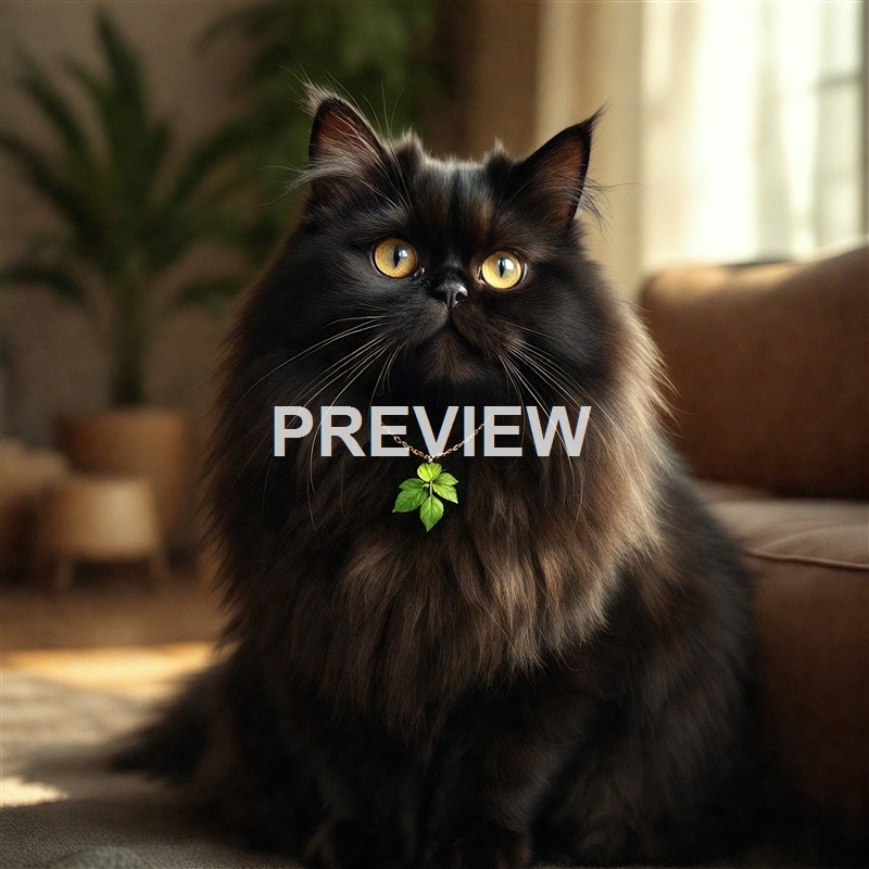 A long-haired black cat with yellow eyes wearing a leaf-shaped pendant on a chain, sitting indoors near a window with a blurred background of plants and furniture.